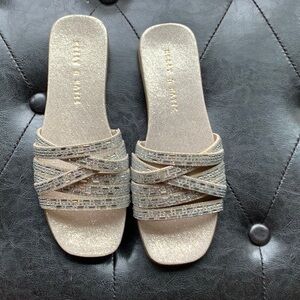 Kelly & Katie Lt. Gold Dreamy Shimmer Fabric Flat Sandals, 7 1/2M